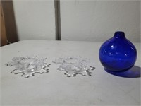 BLUE BLOWN GLASS AND CANDLE HOLDERS