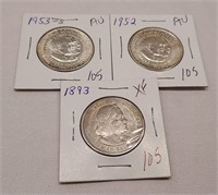 1893 Col. Half XF; 1952, ’53-S W/C Half Dollars