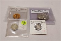 1869 Three Cent VF; 1962 Dime, Quarter, Half