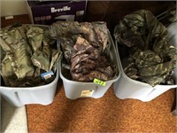 3 GRAY TOTES + CONTENTS  NEW HUNTING CLOTHES  LOT
