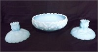 BLUE SATIN FENTON BOWL AND CANDLE HOLDERS