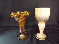 FENTON CARNIVAL GLASS VASE AND HAND BLOWN GOBLET