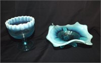 2 PIECES OF BLUE OPALESCENT FOOTED AND STEM