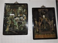 Pair of Oriental pictures with black laquered