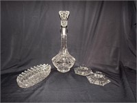 CRYSTAL GLASS CANDLE HOLDERS, DECANTER, & DISH