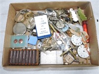 Box of watches, watch parts, tie clips, old keys