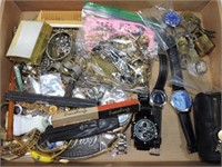 Box of wristwatches, jewelry, and more