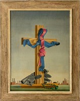 Edward A. Landon Surrealist Crucifix Oil Canvas
