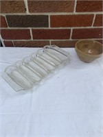 Glass cornbread tray, small crock bowl