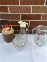 Whiskey jug, vintage glass items