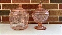 Pink depression glass cracker & covered candy -