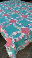 Vintage aqua and  pink quilt - 90" x 65"