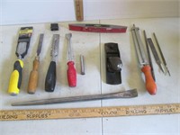 Wood Chisels, Files, Small Planer, Level, etc