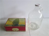 Vintage Tin Container + 1 Gal Glass Jug