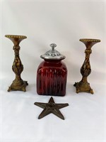 Lot of 4, Candle holders, jar with lid, Iron star