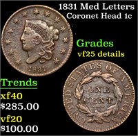 1831 Med Letters Coronet Head Large Cent 1c Grades
