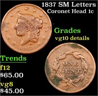 1837 SM Letters Coronet Head Large Cent 1c Grades