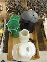 coffee maker, cannisters, plastic containers