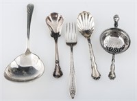 20TH C. STERLING SILVER SPOONS, FORK & TEA STRAINE