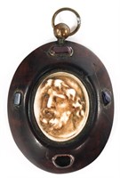 CARVED STONE JESUS CAMEO IN HORN WITH PRECIOUS STO