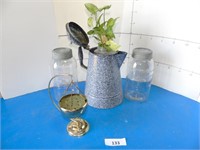 2 large Crown Jars, Graniteware tea pot,