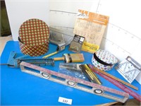 Level, drywall tools, paint brush, tins & Rulers