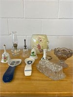 Miscellaneous butter dish, bells, oil lamp, vase
