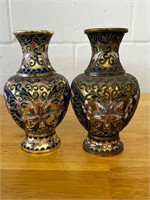 2 Vintage Cloisonne Gold Gilded Vase Enamel Floral