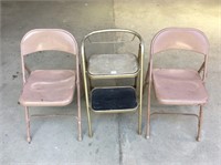 Two Metal Folding Chairs And Step Stool Chair