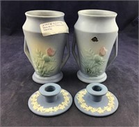 Pair Of Hull Blue Thistle Vases And 2 Wedgwood