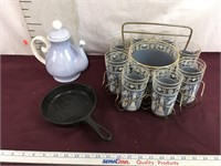 Vintage Glass/Ice Set, Tea Pot, Cast-Iron Pan