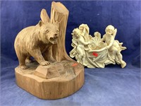 Carved Wooden Grizzly Bear & Marble/Alabaster
