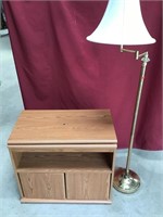 Oak Finish TV Table/Cabinet, Brass Floor Lamp