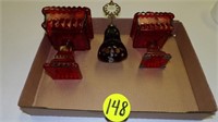 (2) Red Covered Candy Dishes and Glass Bell