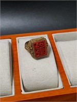 Vintage Chinese Sterling Filigree Cinnabar Ring