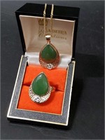 Rare Jade & Diamond Ring & Pendant 14k Gold  Set