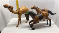 2 LEATHER WRAPPED HORSE & CAMEL FIGURES 14X13