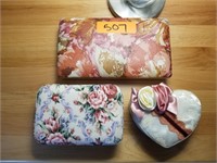 (3) Floral Jewelry Boxes with Earings and Pens.