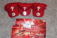 (3) Signed Phillies hats w/signed poster