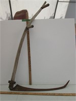 Antique Scythe with Wooden Shaft & Handles