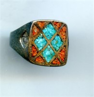 Sterling Ring s9 Turquoise & Coral Inlaid