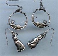 (2) Pair Sterling Cat Earrings