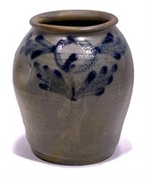 Stoneware crock, ovoid shape, blue flower & leaf