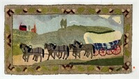 Hooked rug - Conestoga wagon & 6 horses, Village,