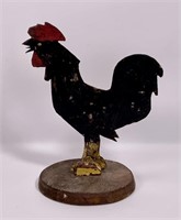 Folk art rooster, decorated tin sheet, 5.75" dia.