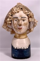Wig stand - Papier mache, leather covered neck &