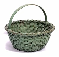 Oak basket, green paint, 12.5" dia., 5.5" tall