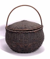 Round oak basket with lid, 11" dia., 7" tall plus