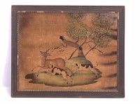 Folk art painting on cloth, Stag & 2 hunting dogs,