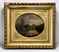 Oil painting, landscape in gold frame, oval gold
